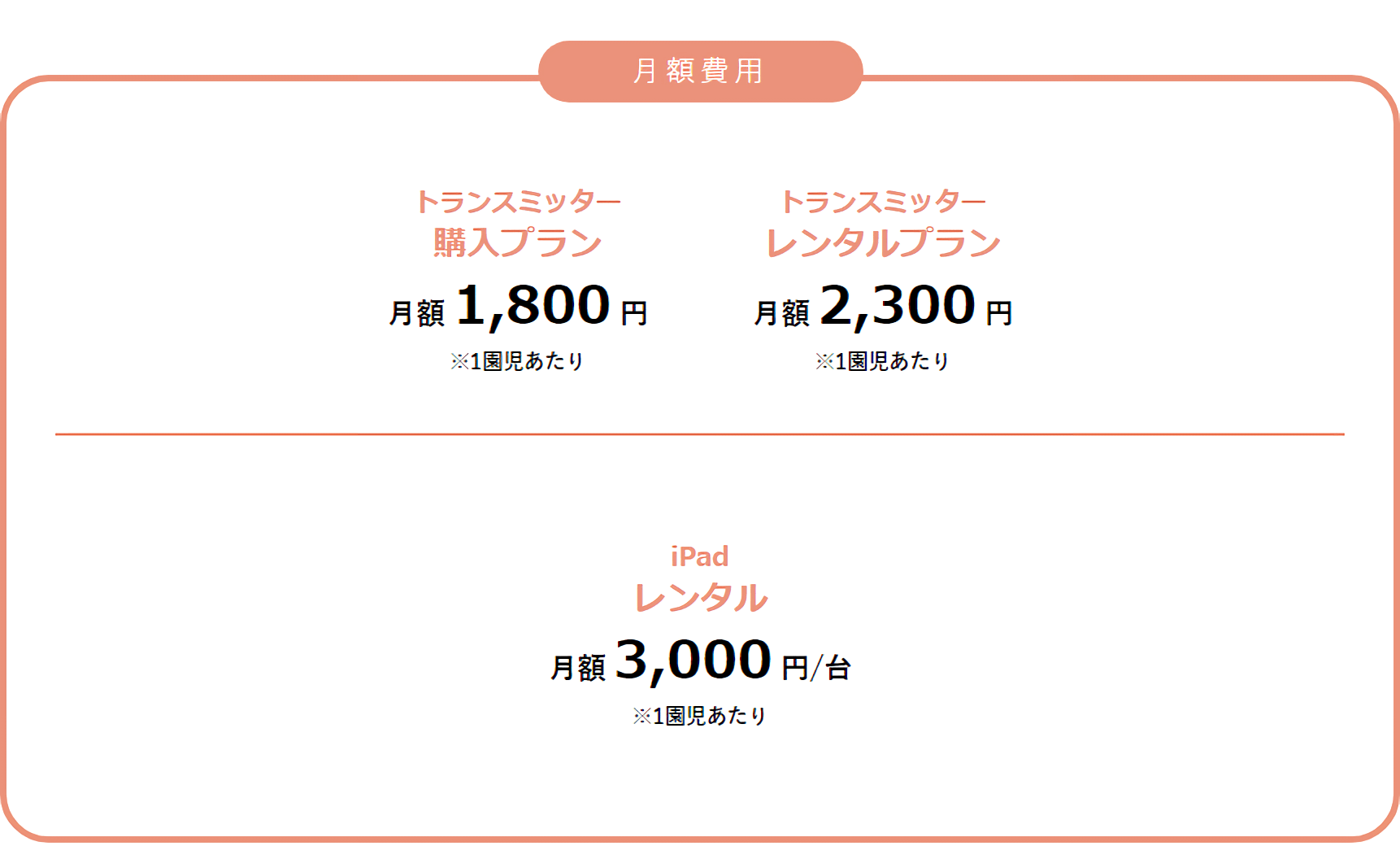 月額費用 トランスミッター購入プラン月額1,800円 トランスミッターレンタルプラン月額2,300円 iPadレンタル月額3,000円/台